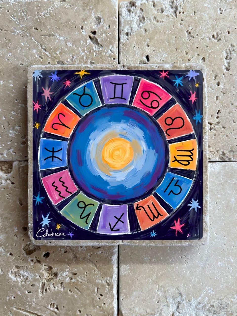 Pierre de travertin Zodiaque – Cercle des 12 signes astrologiques – Illustration artisanale