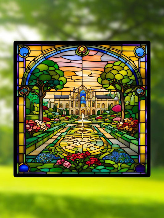 Vitrail Le Palais et ses Jardins – Décoration de Vitre Féérique – Cadeau Original pour Passionnés de Contes de Fées