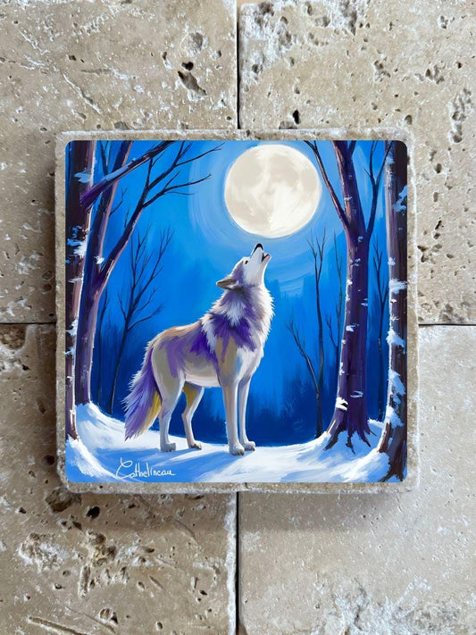 Carreau en travertin 10x10 cm – Loup hurlant à la lune en hiver, verso liège
