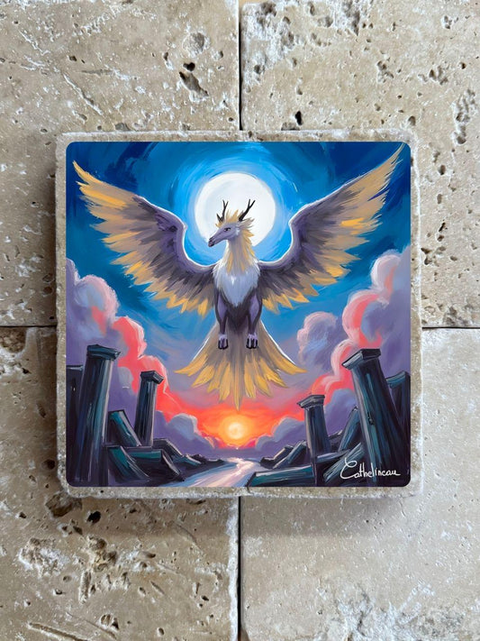 Pierre travertin 10x10 cm – Carreau décoratif créature ailée divine, verso liège