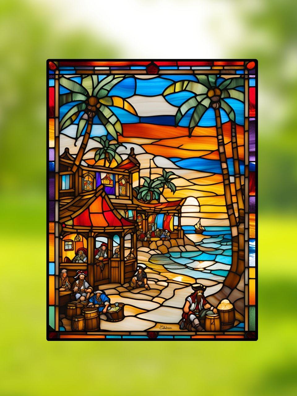 Vitrail Village des Pirates 30x40cm – Décoration vitre Marine – Cadeau Art Nautique