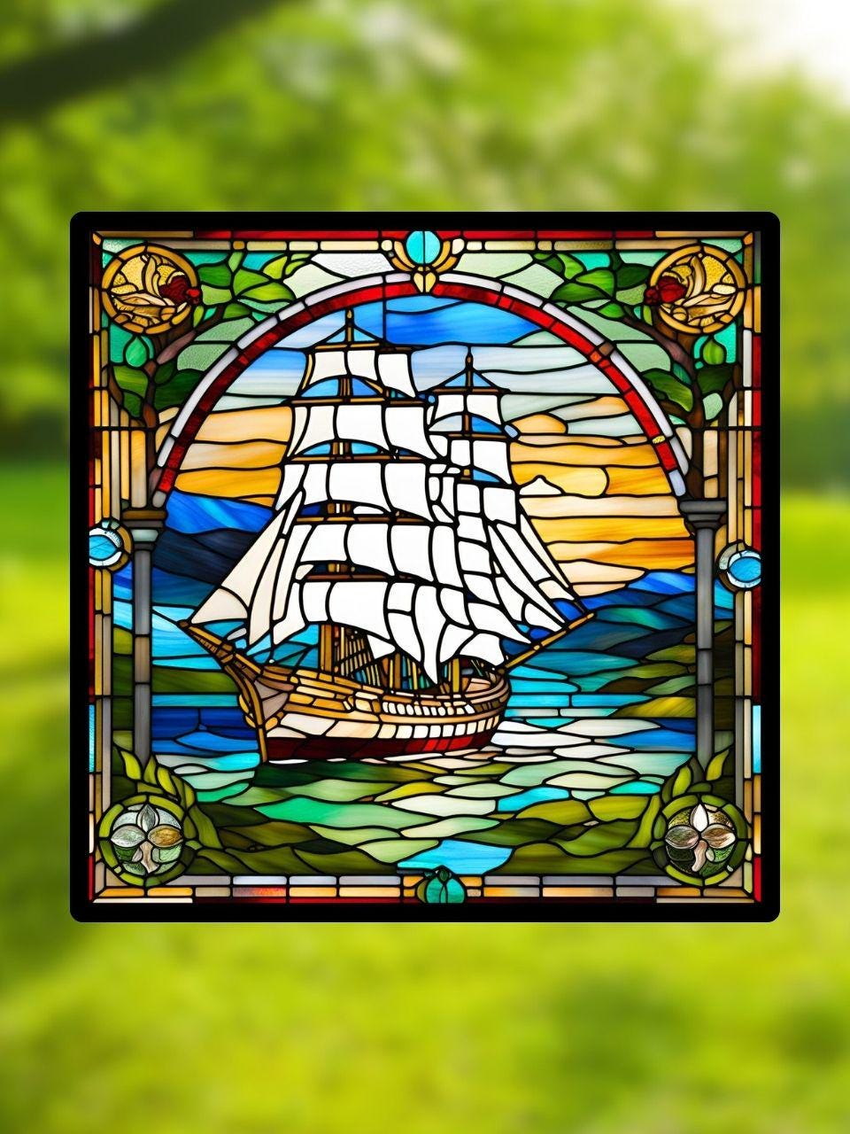 Vitrail Bateau Style Pirates – Décoration de Vitre Nautique – Cadeau Original pour Amoureux de l'Aventure