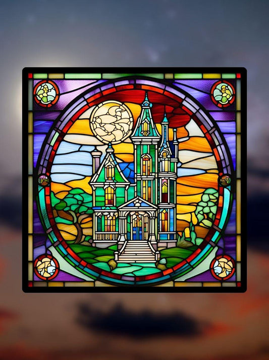 Vitrail Manoir Hanté d’Halloween – Décoration de Vitre Mystérieuse – Cadeau Original pour Passionnés de l’Univers Surnaturel