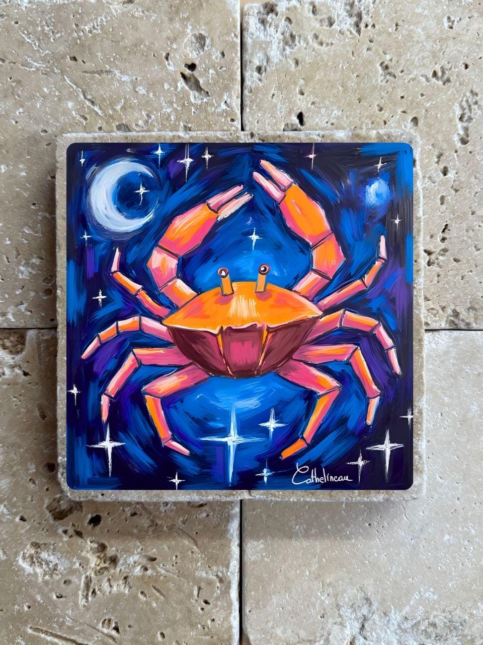 Pierre de travertin Cancer – Signe astrologique – Illustration artisanale zodiaque