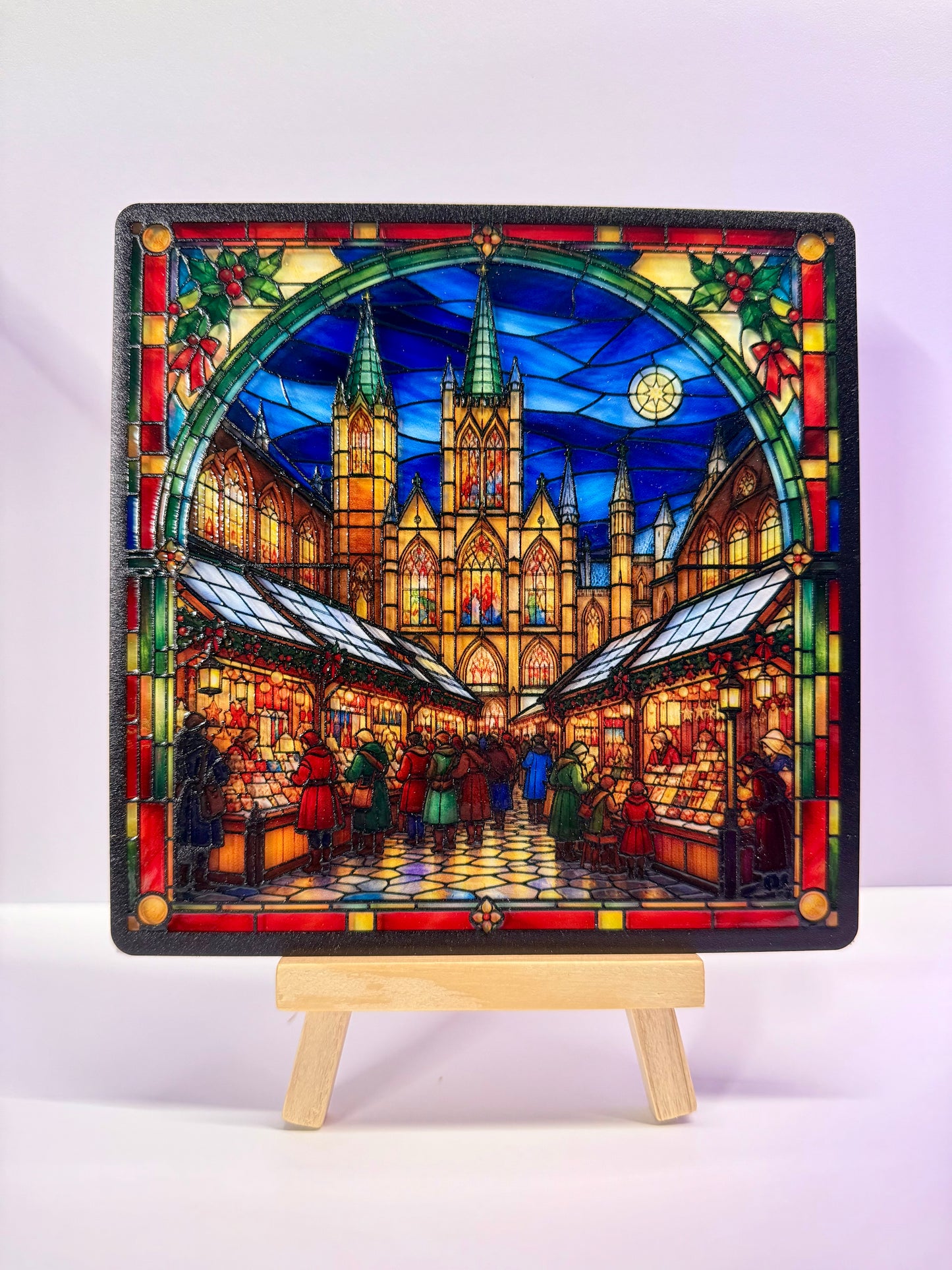 Vitrail Le Marché de Noël – Décoration de Vitre Festive – Cadeau Original pour les Fêtes de Fin d'Année