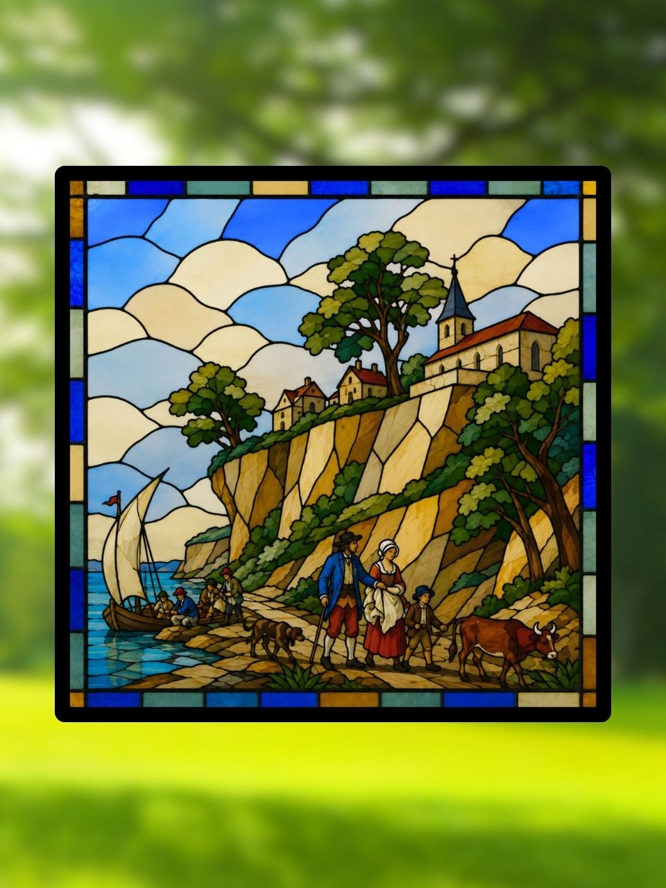 Vitrail Paysage Fluvial au Village Perché – Inspiré des paysages historiques