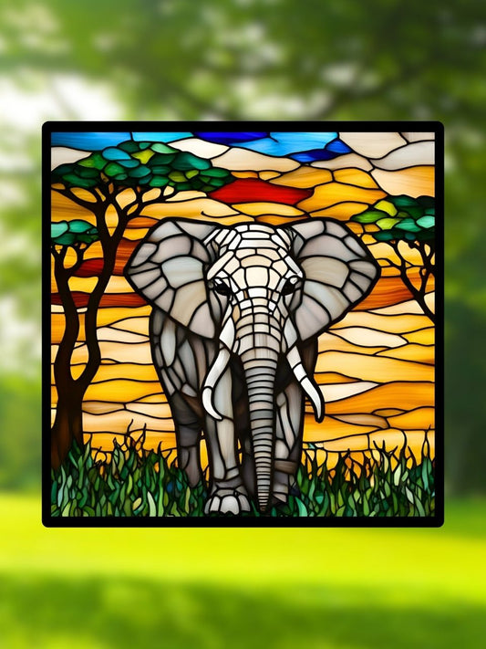 Vitrail Éléphant – Décoration nature safari coucher de soleil vitrail lumineux