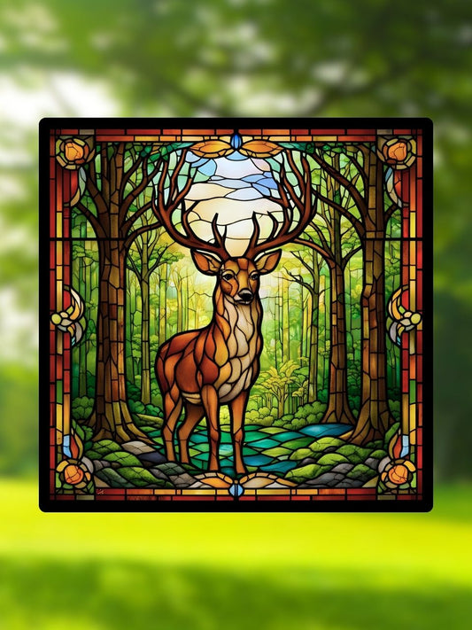 Vitrail "Le Cerf de la grande forêt" – Cerf majestueux en vitrail, scène forestière lumineuse, décoration nature, format 14,5x14,5 cm