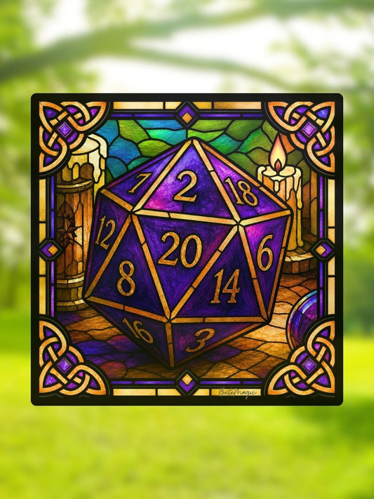 Vitrail Dé Vingt Faces (D20) – Décoration fantasy et jeu de rôle
