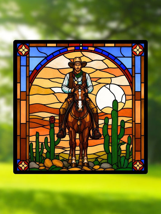 Vitrail Cowboy du Far West – Cavalier et désert décoration western