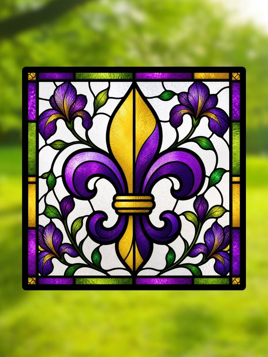 Vitrail fleur de lys Violet et or – Décoration artisanale coloré pour fenêtre