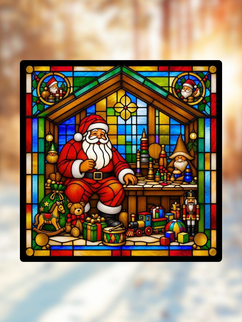 Vitrail L'Atelier du Père Noël – Décoration de Vitre Festive – Cadeau Original pour les Fêtes de Fin d'Année