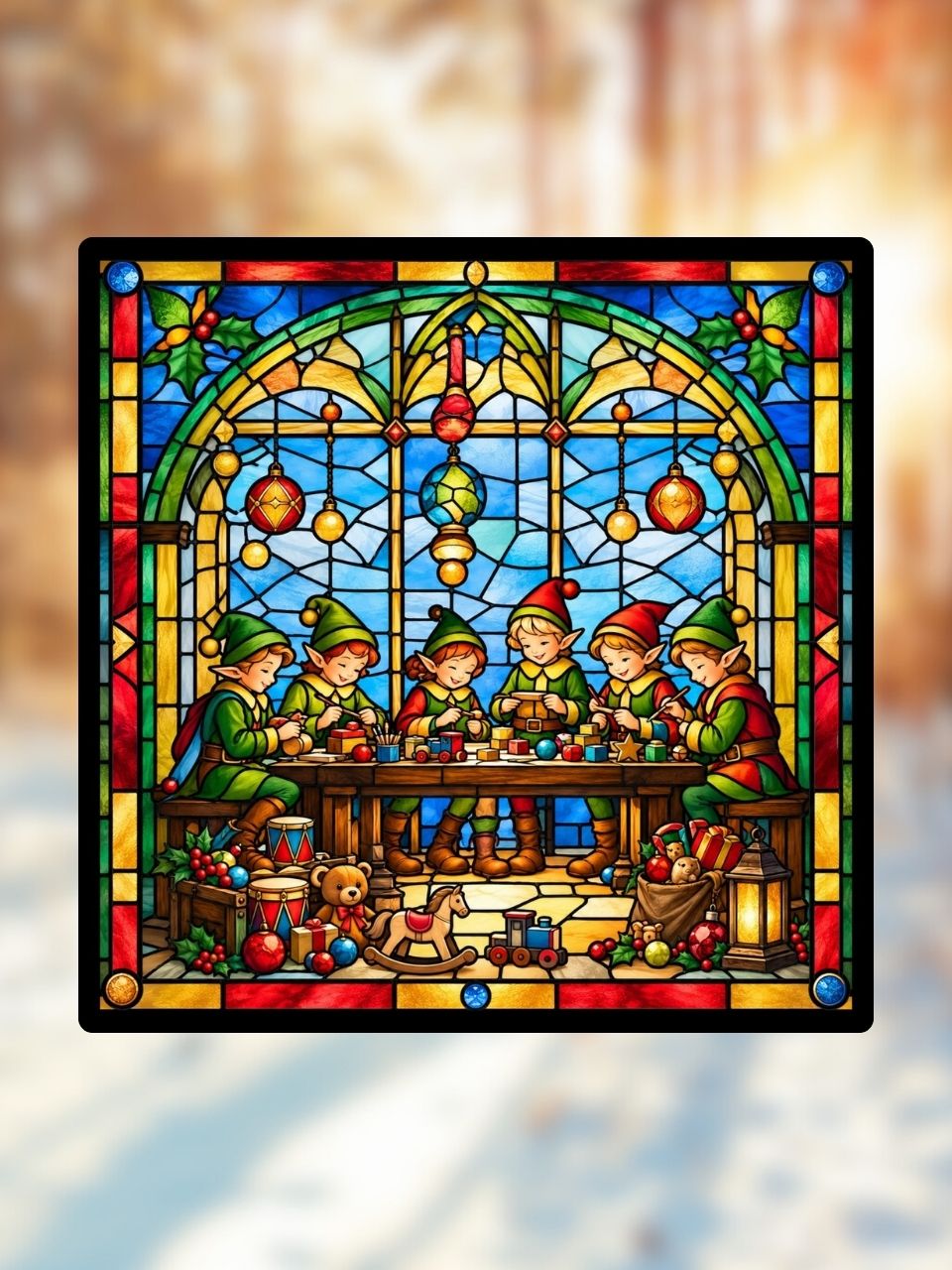 Vitrail L'Atelier du Père Noël et ses Lutins – Décoration de Vitre Festive – Cadeau Original pour les Fêtes de Fin d'Année