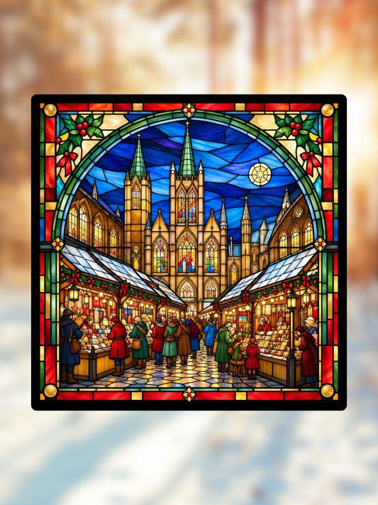 Vitrail Le Marché de Noël – Décoration de Vitre Festive – Cadeau Original pour les Fêtes de Fin d'Année