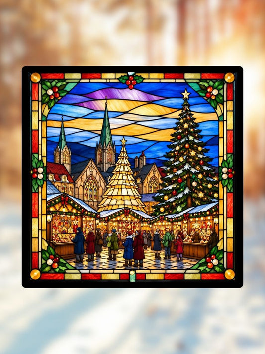 Vitrail Le Marché de Noël – Décoration de Vitre Festive – Cadeau Original pour les Fêtes de Fin d'Année