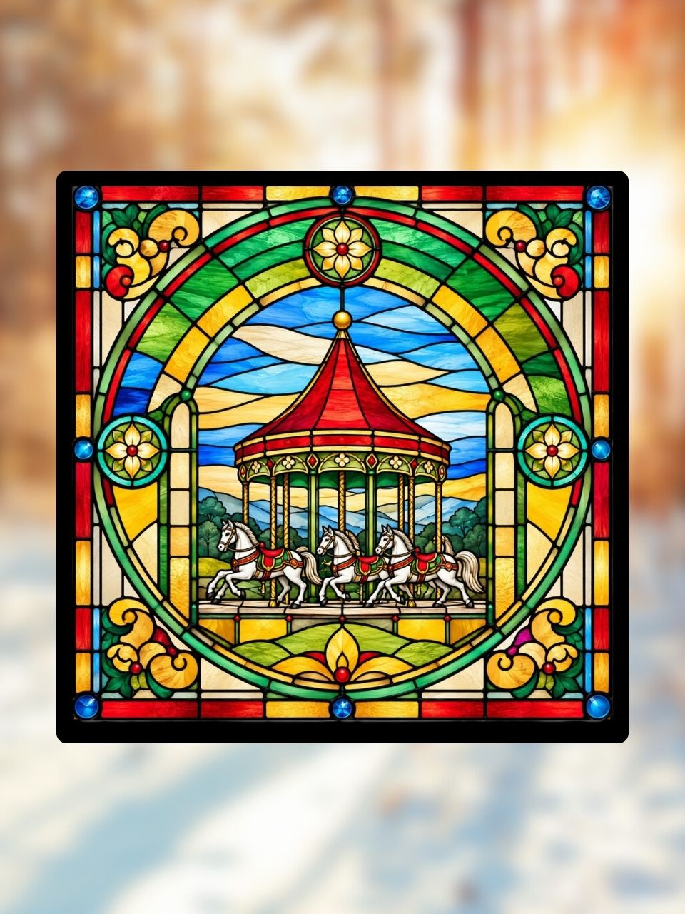 Vitrail Le Carrousel de Noël – Décoration de Vitre Festive – Cadeau Original pour les Fêtes de Fin d'Année