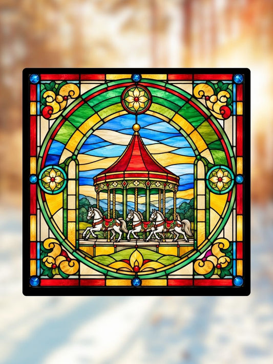 Vitrail Le Carrousel de Noël – Décoration de Vitre Festive – Cadeau Original pour les Fêtes de Fin d'Année