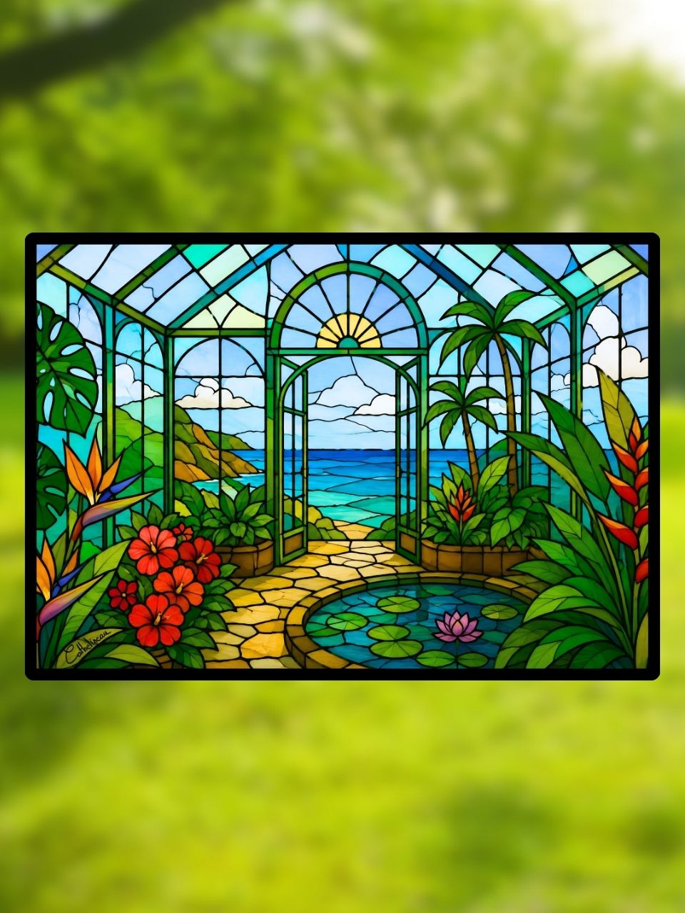 Vitrail Jardin Tropical 210x148mm – Décoration véranda mer plantes exotiques vitrail lumineux