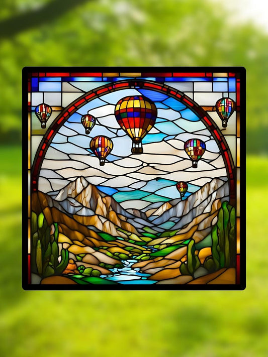 Vitrail "Montgolfières au-dessus des Montagnes" – Art déco paysage, vitrail carré 14,5x14,5 cm, décoration lumineuse colorée et poétique