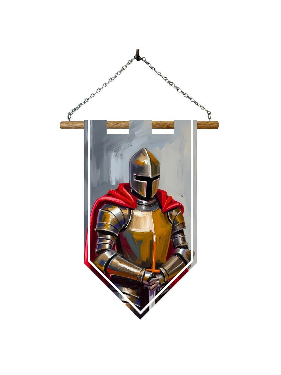 Étendard chevalier médiéval – Bannière murale toile 510g/m2 – Déco murale armure et château fort