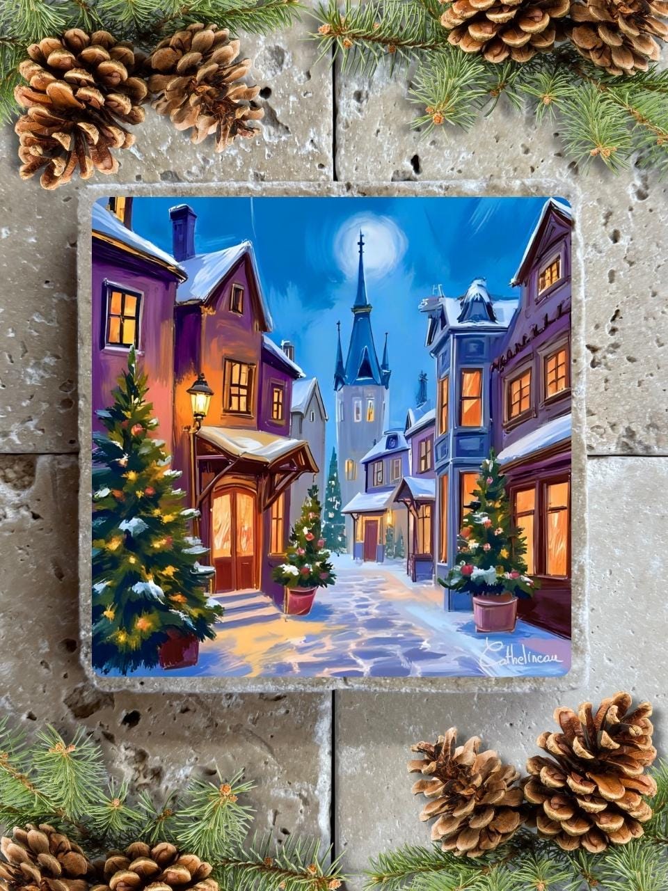 Carreau en travertin 10x10 cm – Rue de Noël enneigée et illuminée, verso liège
