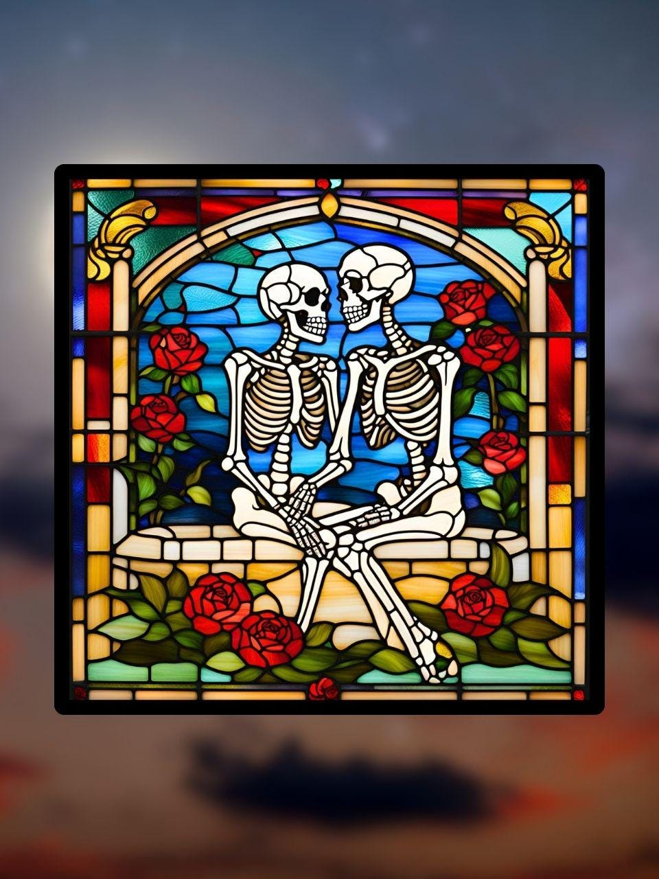 Vitrail Squelettes d’Halloween – Décoration de Vitre Gothique – Cadeau Original pour Passionnés de l’Univers Macabre