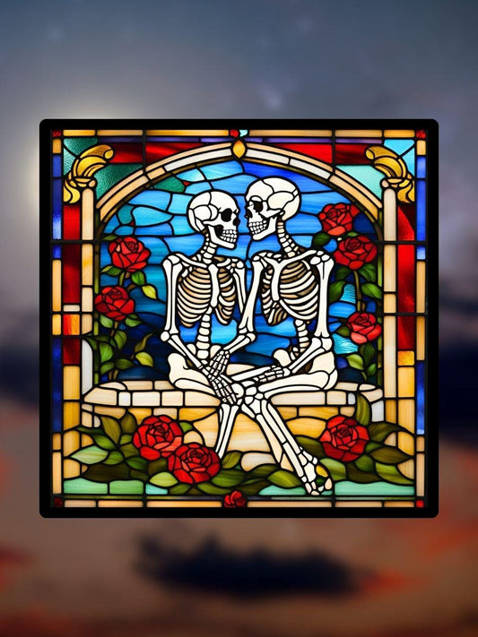 Vitrail Squelettes d’Halloween – Décoration de Vitre Gothique – Cadeau Original pour Passionnés de l’Univers Macabre