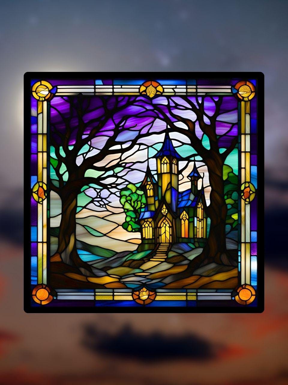 Vitrail Maison Hantée de la Forêt – Décoration de Vitre Envoûtante – Cadeau Original pour Passionnés de l’Univers Surnaturel