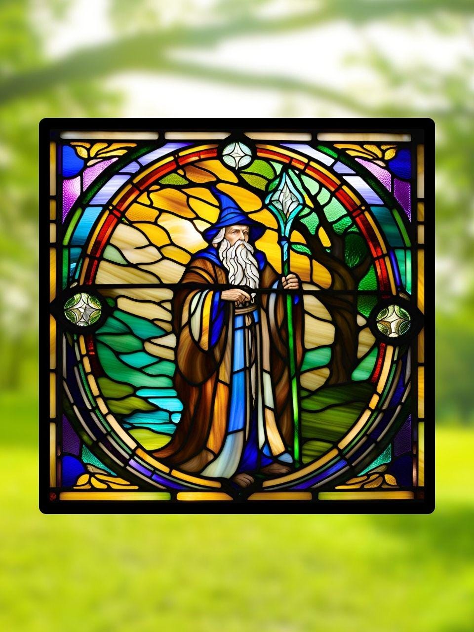 Vitrail Merlin – Décoration de Vitre Inspirée de la Légende Arthurienne – Cadeau Original pour Passionnés de Magie