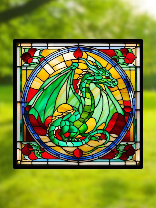 Vitrail Dragon Vert – Décoration de Vitre Mythique – Cadeau Original pour Passionnés de Créatures Légendaires