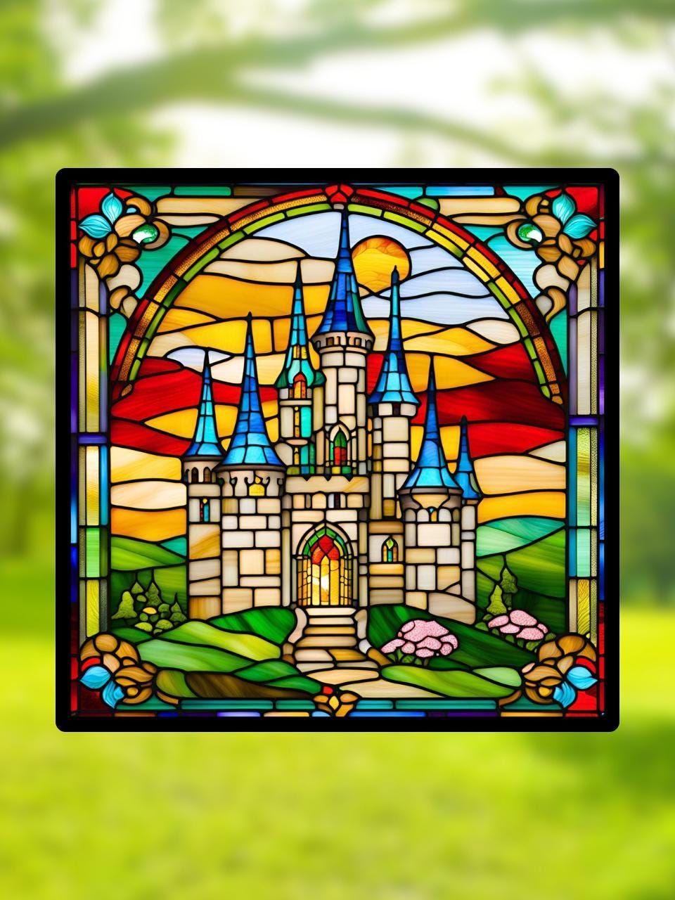 Vitrail Château – Décoration de Vitre Féérique – Cadeau Original pour Passionnés de Contes de Fées