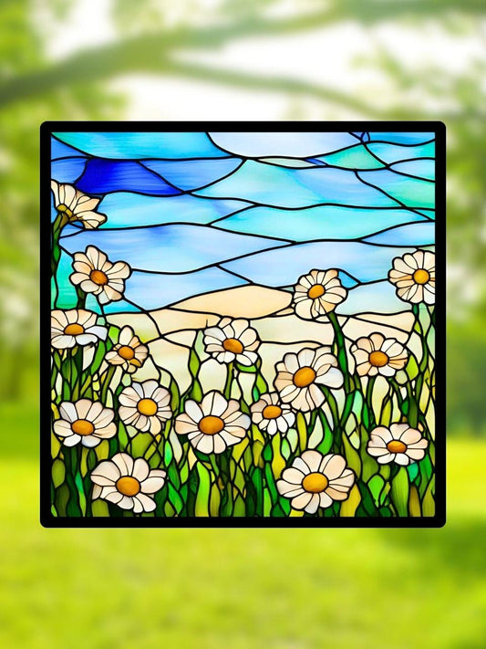 Vitrail Champ de Marguerites – Décoration de Vitre Florale – Cadeau Lumineux pour Amoureux de la Nature et du Printemps