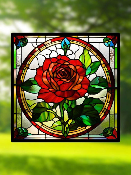 Vitrail Rose Rouge – Décoration de Vitre Florale – Cadeau Art Floral