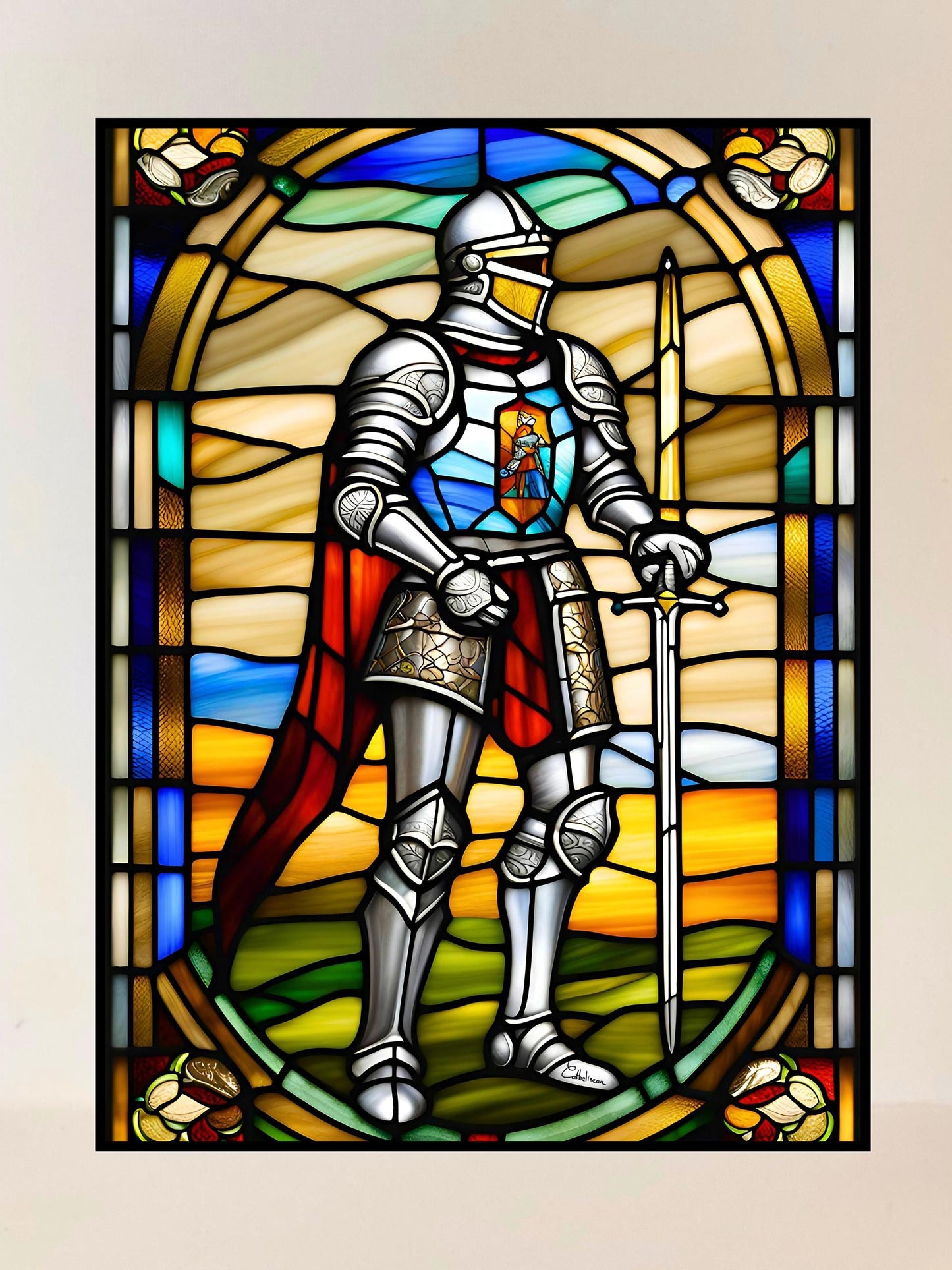 Vitrail Chevalier en Armure 30x40cm – Décoration vitre Médiévale – Cadeau Art Historique