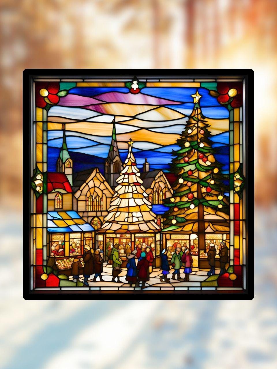 Vitrail Le Marché de Noël – Décoration de Vitre Festive – Cadeau Original pour les Fêtes de Fin d'Année