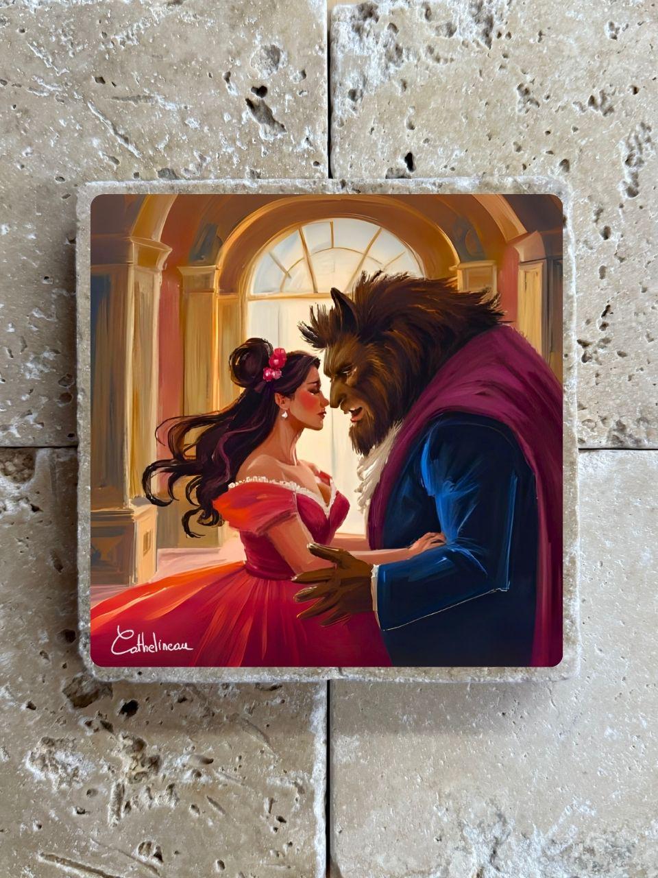 Carreau en travertin 10x10 cm – La Belle et la Bête, danse féerique, verso liège