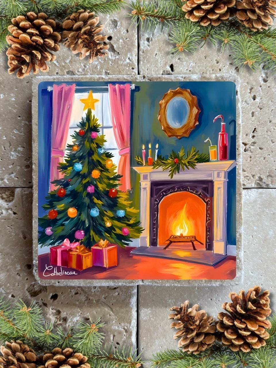 Carreau en travertin 10x10 cm – Sapin de Noël et cheminée, verso liège