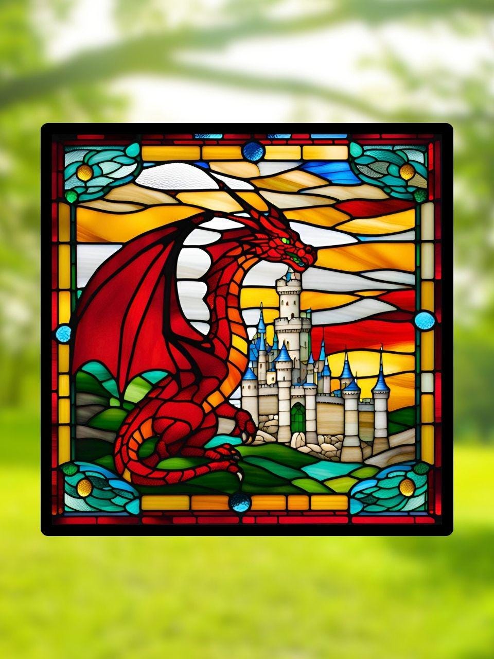 Vitrail Dragon Rouge avec Château – Décoration de Vitre Féérique – Cadeau Original pour Passionnés de Créatures Légendaires
