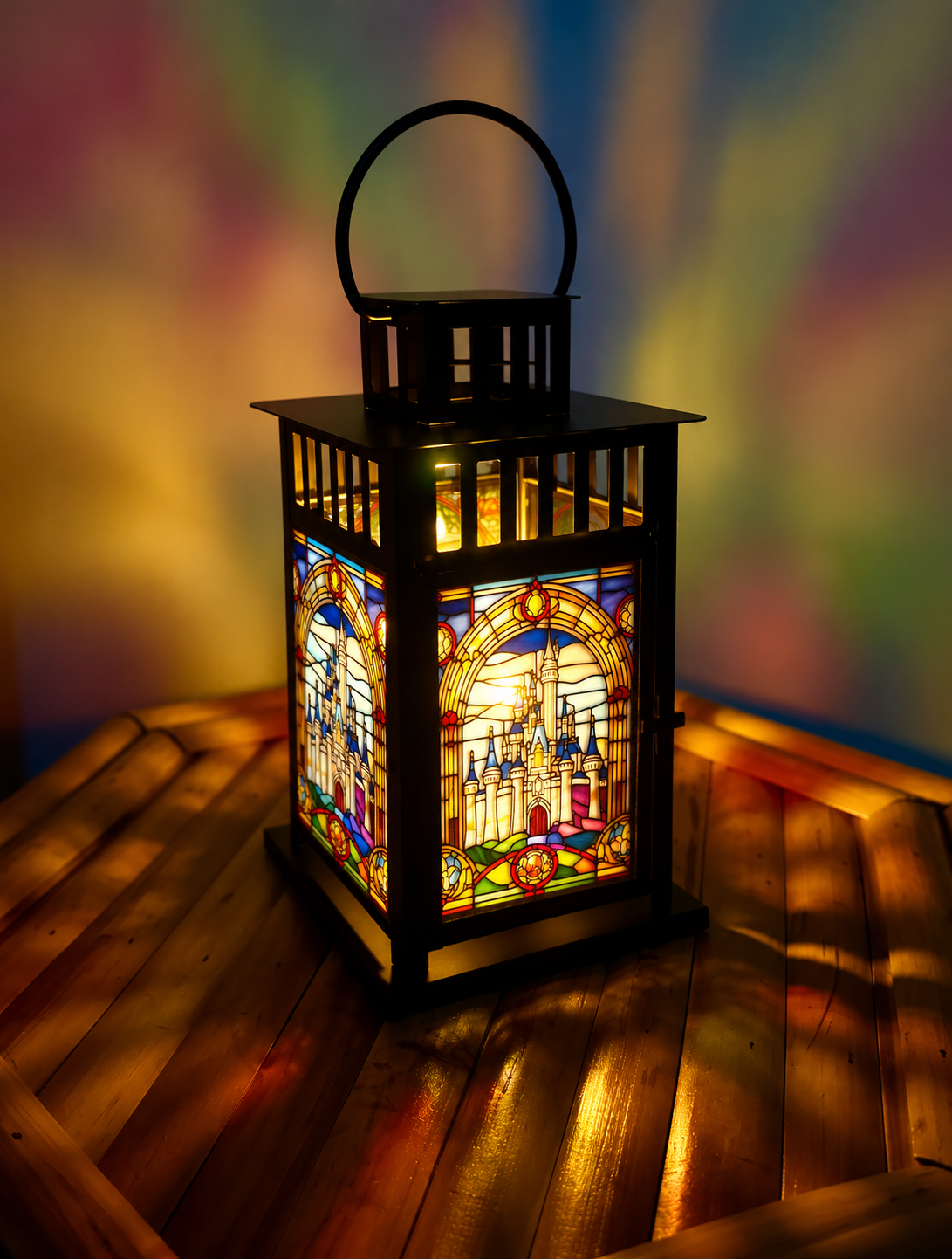 Lanterne médiévale avec vitrail château fantastique illuminé