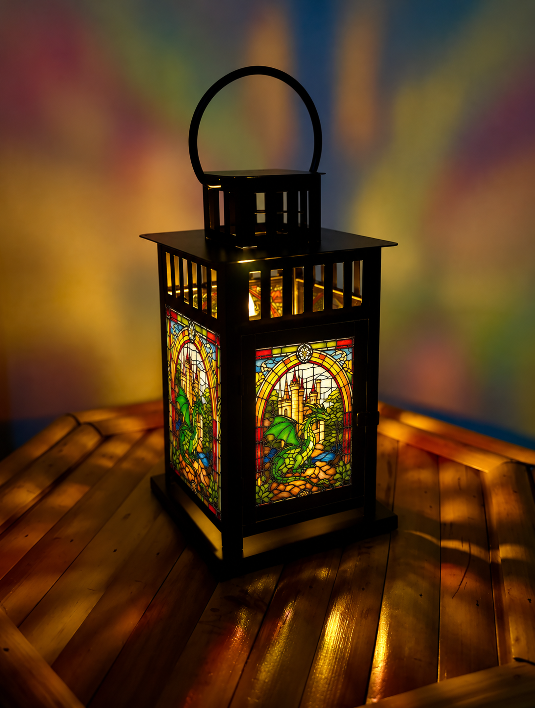 Lanterne médiévale avec vitrail dragon vert et château illuminé