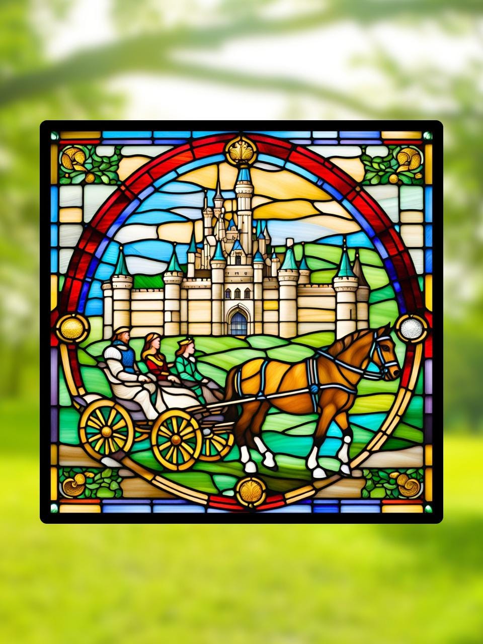 Vitrail Château et son cheval – Décoration de Vitre Féérique – Cadeau Original pour Passionnés de Contes de Fées