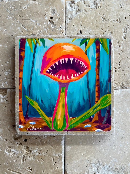 Pierre travertin 10x10 cm – Carreau décoratif plante carnivore colorée, illustration végétale exotique, verso liège