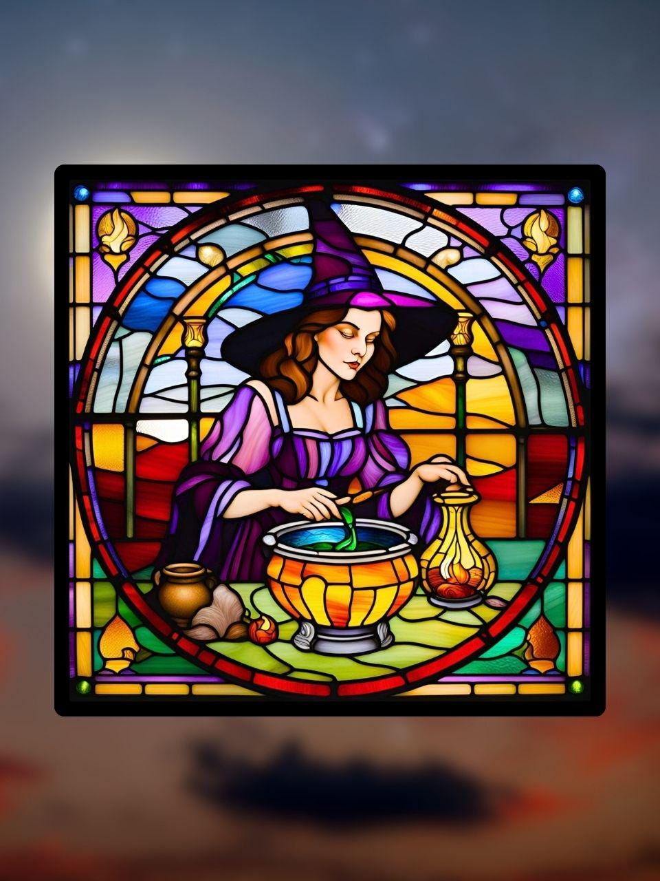 Vitrail Sorcière d’Halloween – Décoration de Vitre Envoûtante – Cadeau Original pour Passionnés de Magie