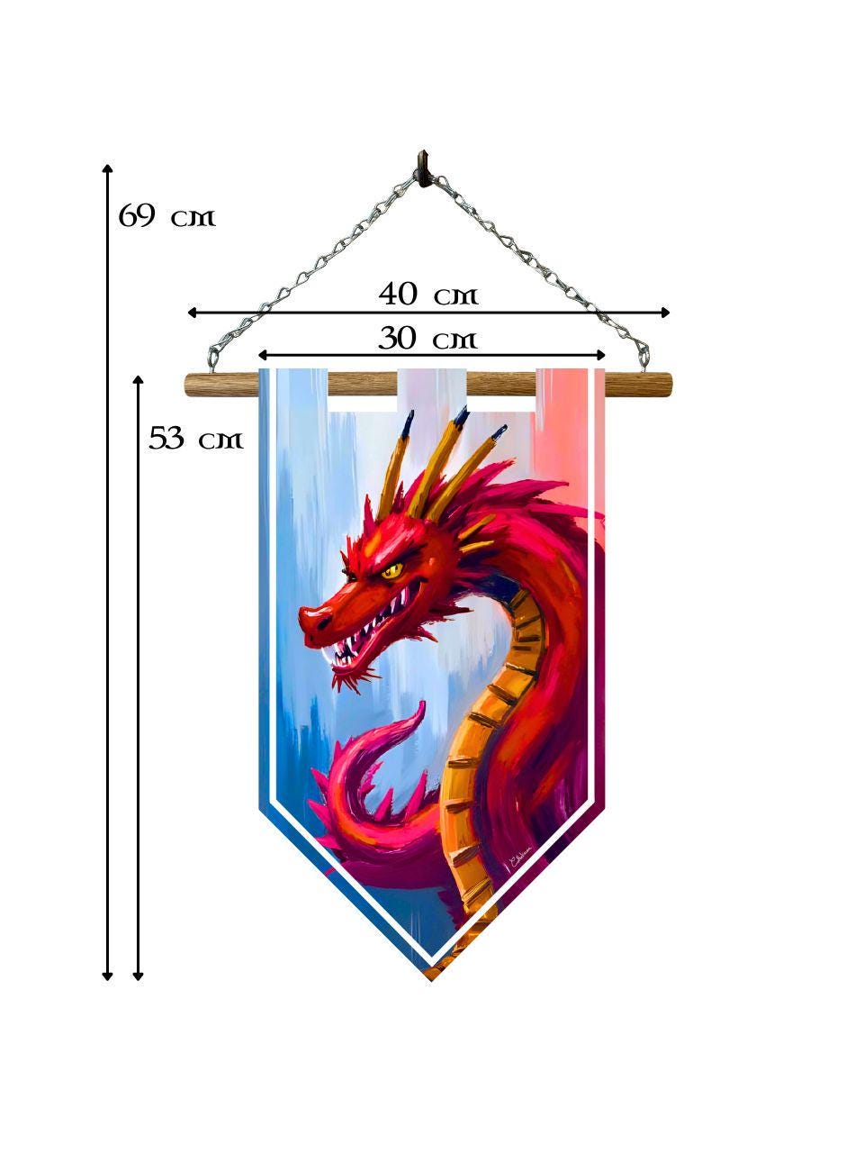 Étendard dragon rouge – Bannière murale toile 510g/m2 – Déco murale créature mythique et fantasy