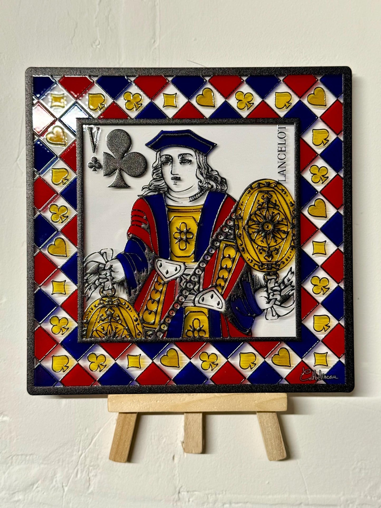 Vitrail "Valet de Trèfle" – Carte à jouer en vitrail art déco, format carré 14,5x14,5 cm, décoration ludique et graphique
