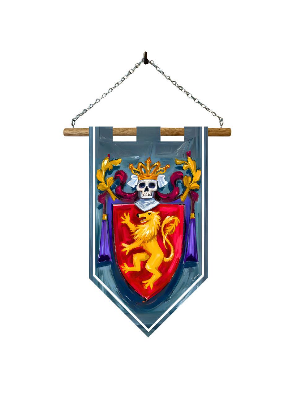 Étendard blason médiéval – Bannière murale toile 510g/m2 – Déco murale armoiries et château fort