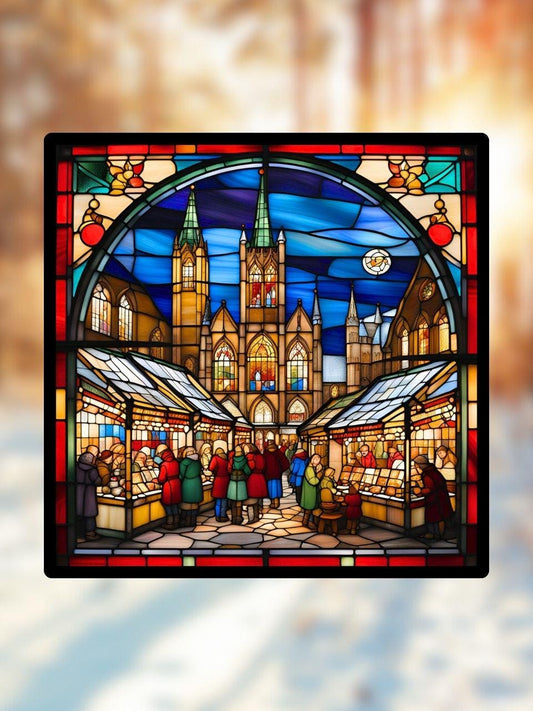 Vitrail Le Marché de Noël – Décoration de Vitre Festive – Cadeau Original pour les Fêtes de Fin d'Année