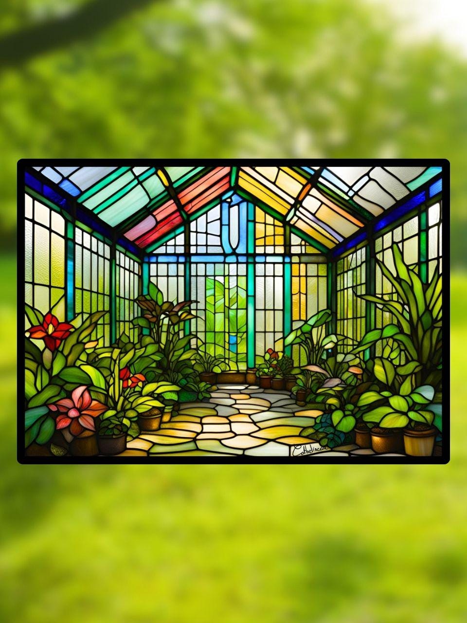Vitrail Serre Botanique 210x148mm – Décoration vitre Nature – Cadeau Art Floral