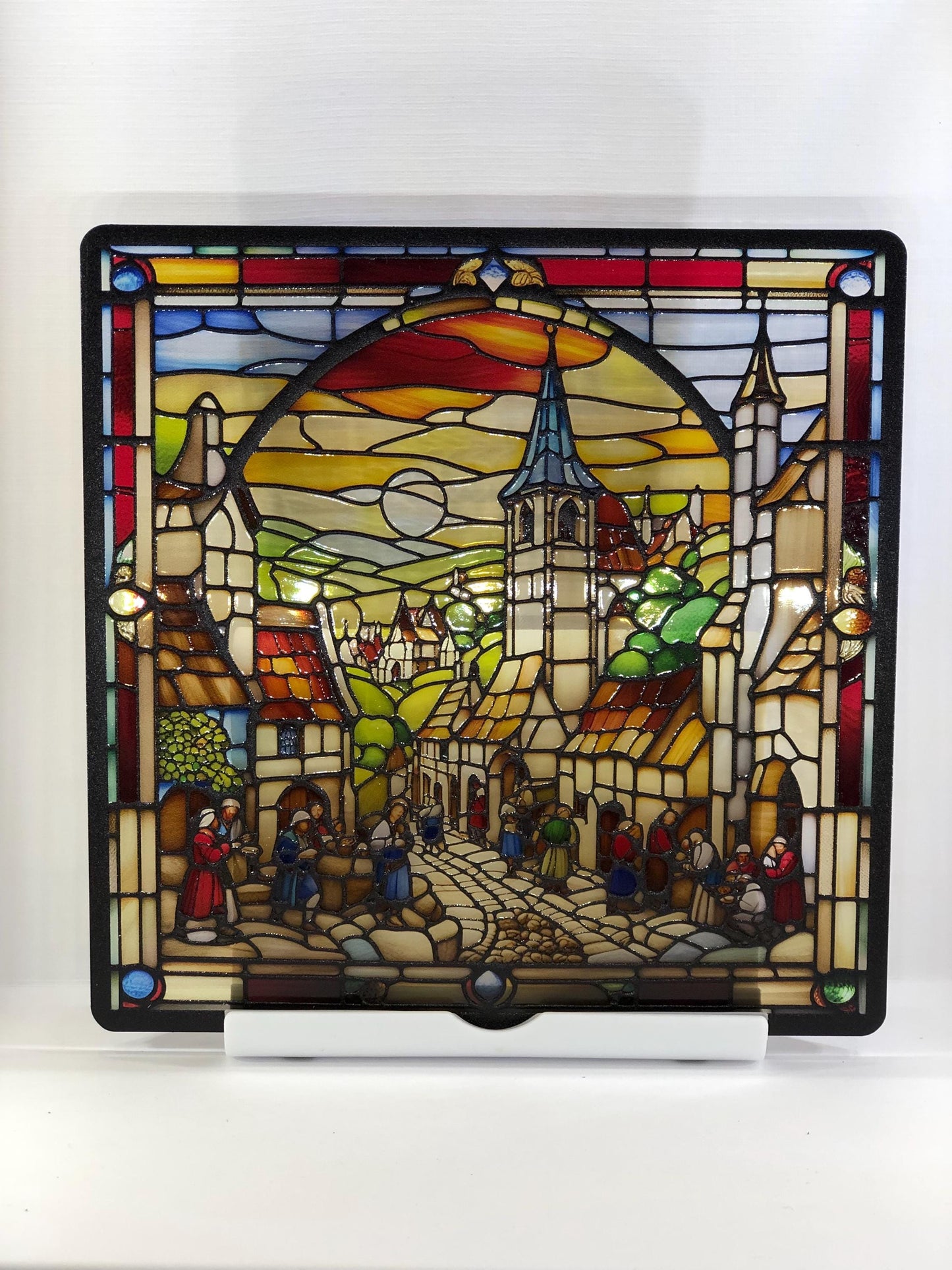 Vitrail Le Village Médiéval – Décoration de Vitre Historique – Cadeau Original pour Passionnés du Moyen Âge