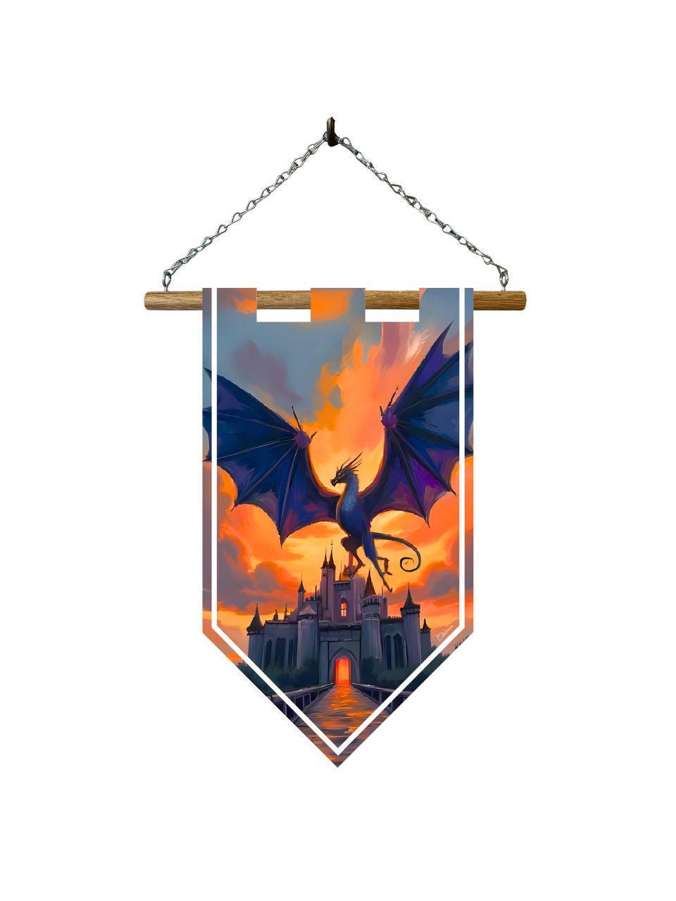 Étendard dragon médiéval – Bannière murale toile 510g/m2 – Déco murale château et créature fantastique